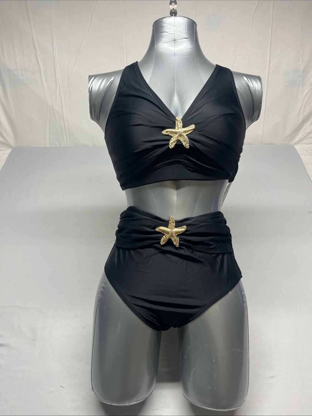 Black High-Waist Bikini Set with Gold Starfish Accents by